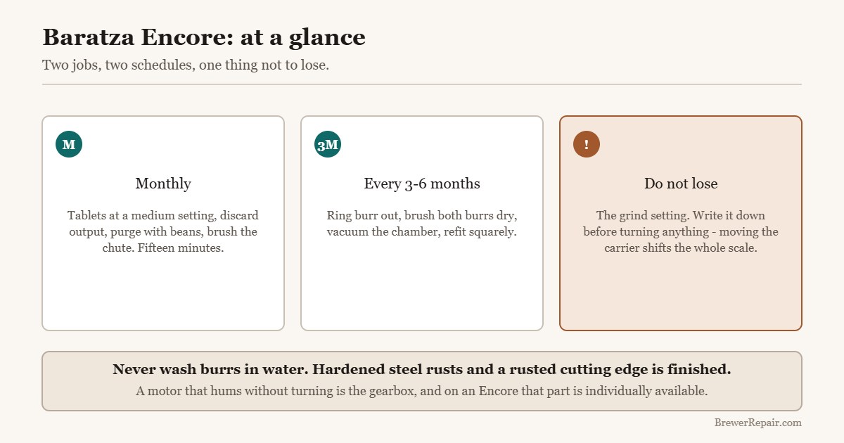 Quick reference for cleaning a Baratza Encore: monthly tablets, quarterly burr strip, record the setting