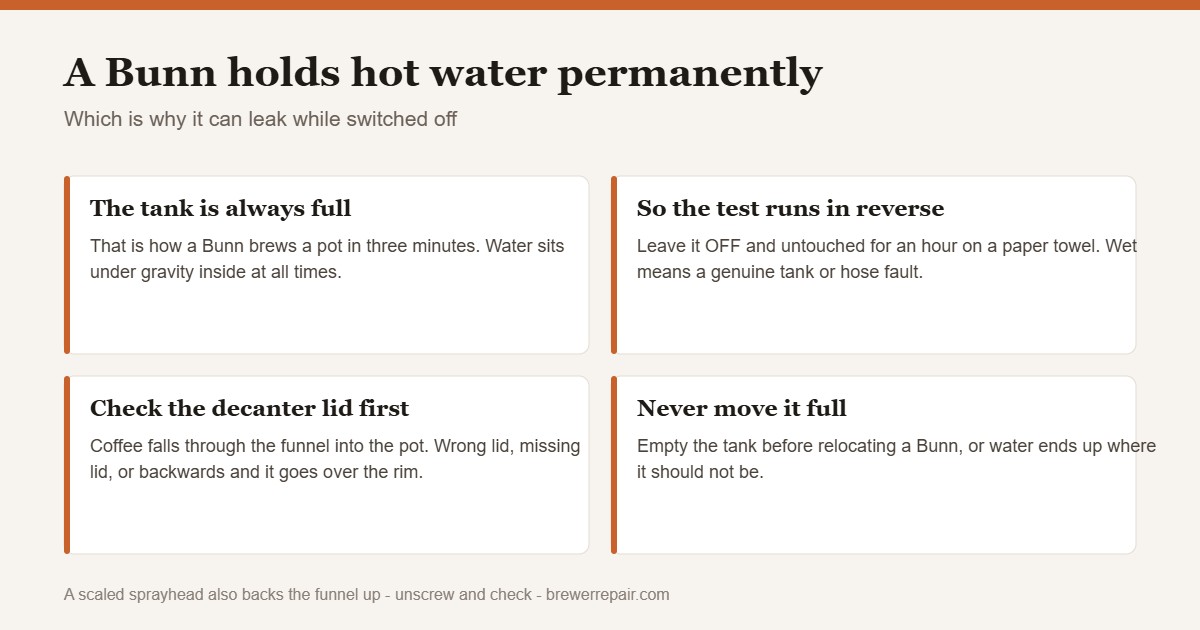 Chart explaining why a Bunn coffee maker can leak while switched off