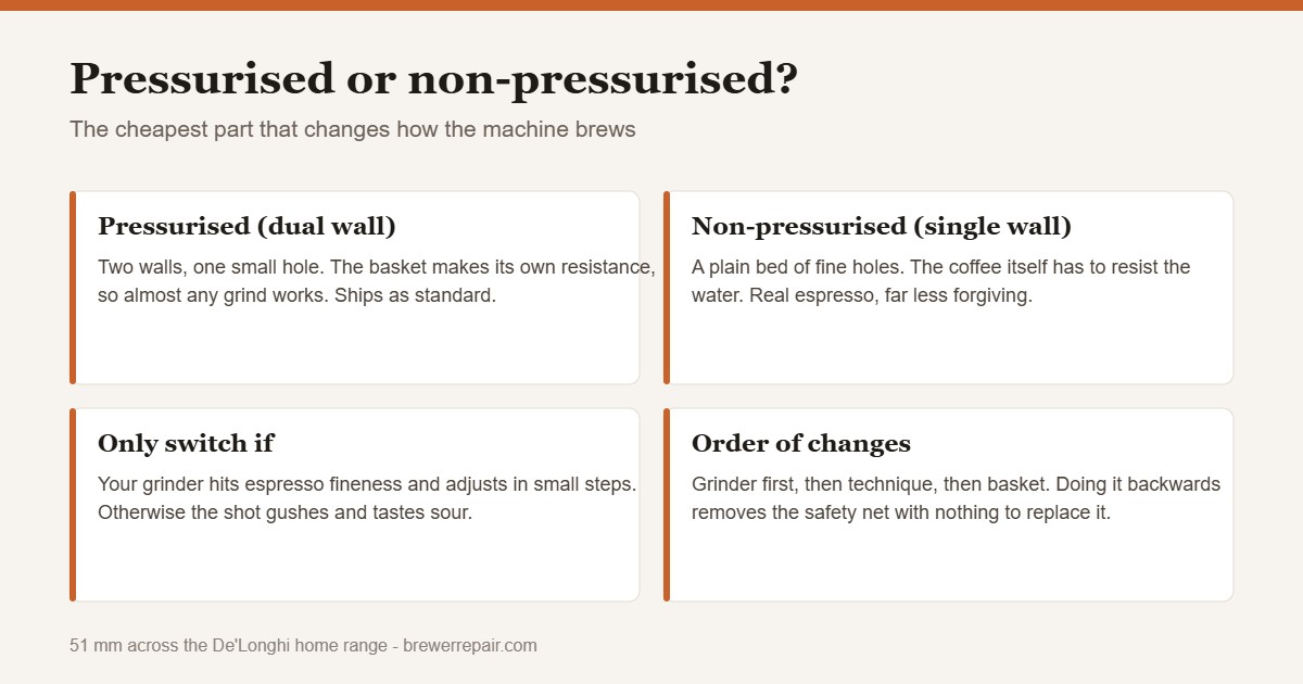 Chart comparing pressurised dual wall and non-pressurised single wall espresso filter baskets
