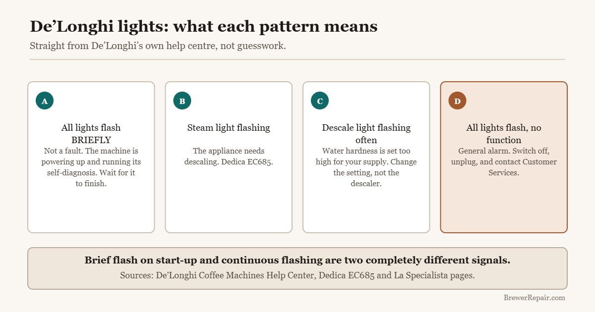 Table of De Longhi flashing light patterns and their official meanings