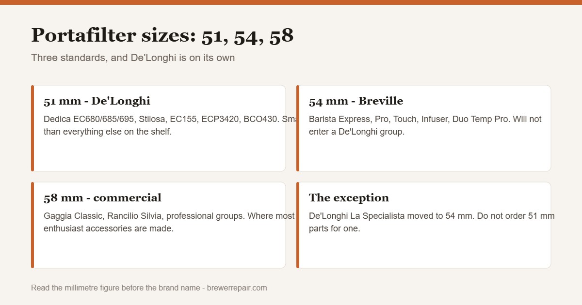 Chart comparing 51mm De'Longhi, 54mm Breville and 58mm commercial portafilter sizes