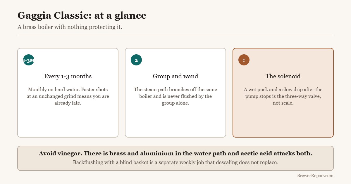 Quick reference for descaling a Gaggia Classic: interval, both paths, and the solenoid valve