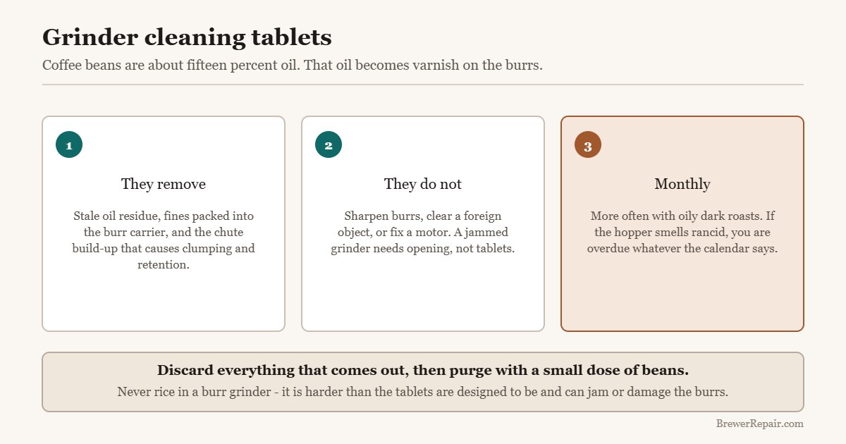 Diagram of what coffee grinder cleaning tablets remove and what they do not