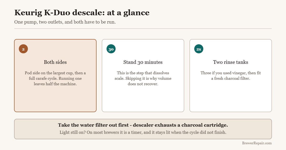 Quick reference for descaling a Keurig K-Duo: both outlets, stand time and rinse