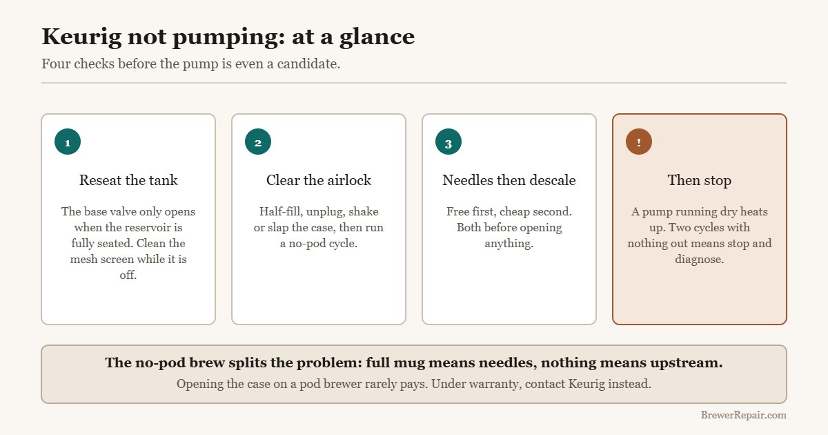 Quick reference for a Keurig that is not pumping water: the four checks in order