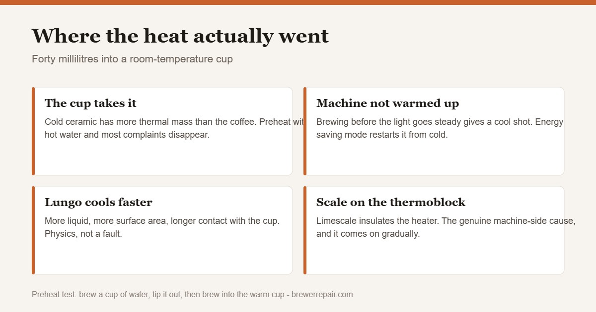 Chart of why Nespresso coffee is not hot enough including cold cups and scale