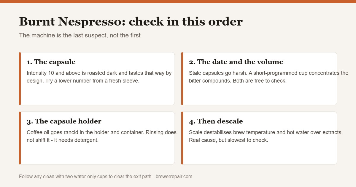 Chart of the four causes of burnt tasting Nespresso coffee in order of likelihood