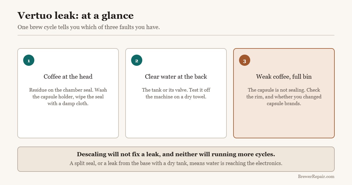 Quick reference for finding where a Nespresso Vertuo is leaking: three faults, one test