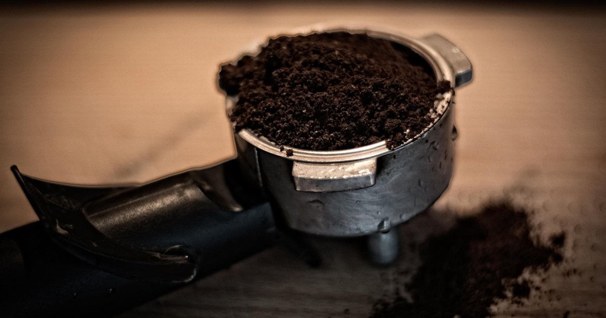 Espresso portafilter holding a bed of ground coffee